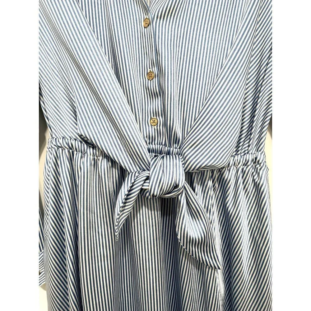 Michael Kors Blue White Striped Button-Down Tie-Waist Midi Shirt Dress M NWT